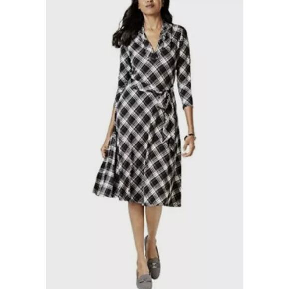 Charter Club Black/White Check Plaid V-Neck Dress Deep Black WMNS S Fit & Flare - Picture 1 of 8